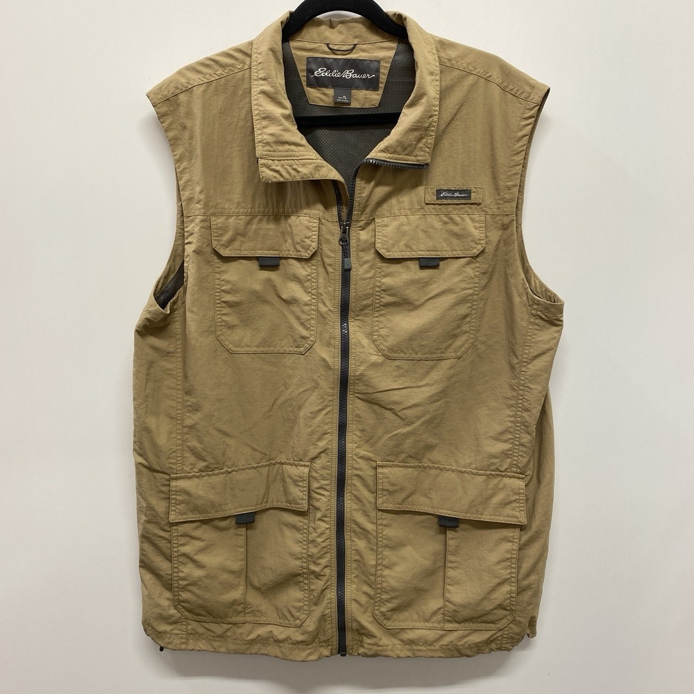 Eddie Bauer 100% Nylon Tan Vest Men's TL Large Tall Multi Pocket Travel Fishing